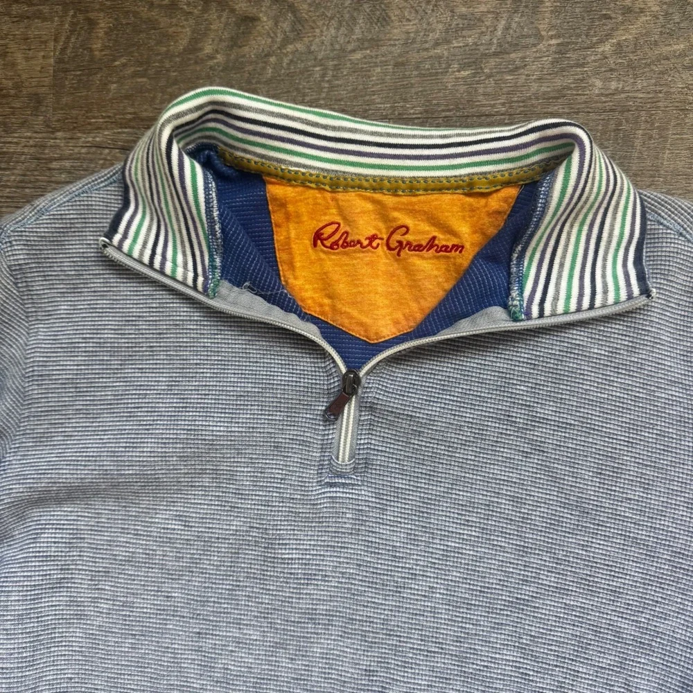 Robert Graham Quarter Zip Pullover Sweater Large Blue Striped Waffle Knit
